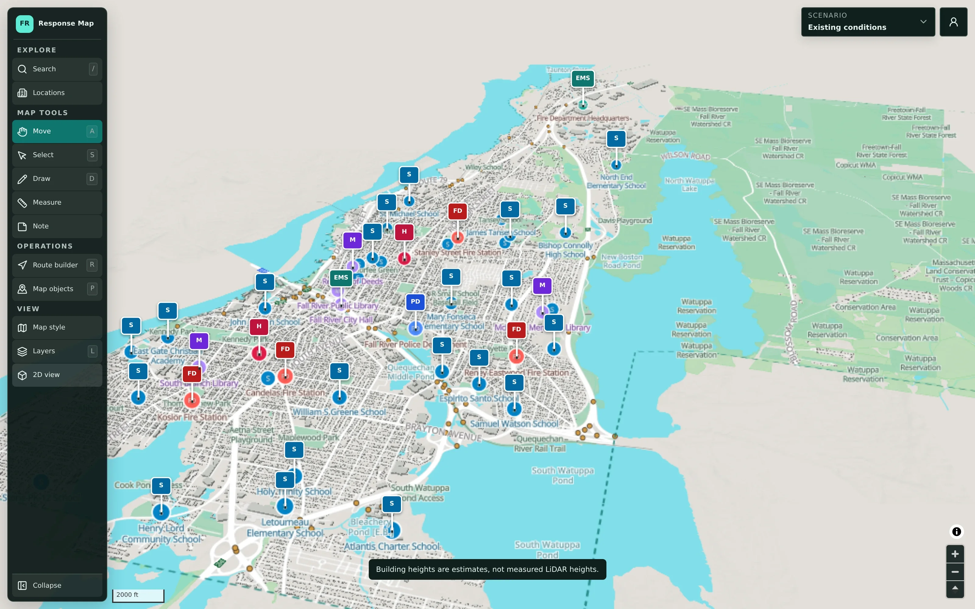Tilted three-dimensional view of Fall River with estimated building heights and raised location markers.
