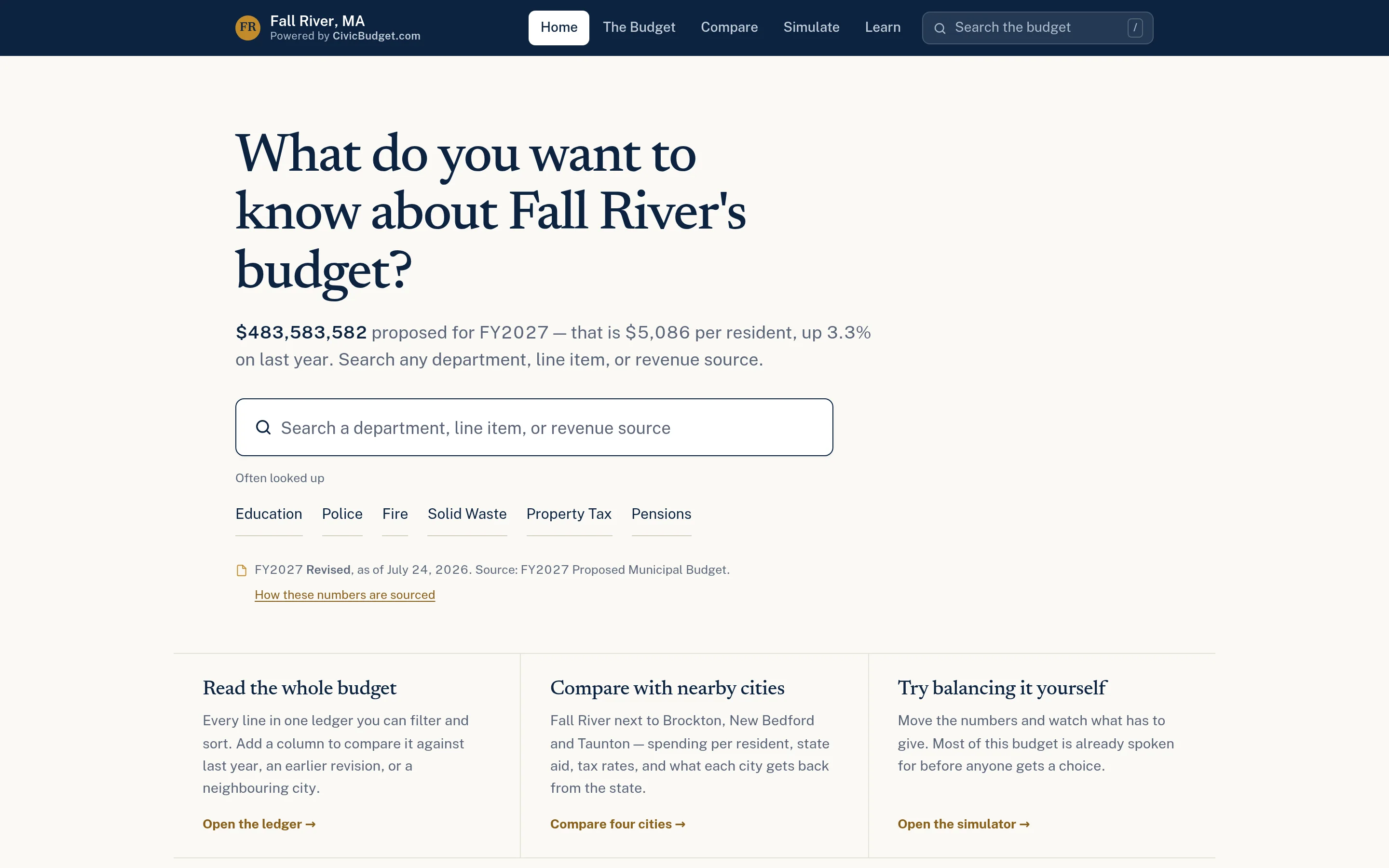 Fall River budget explorer home page asking what you want to know about the budget, with the FY2027 proposed total, a search box, and links to the ledger, city comparison, and simulator.