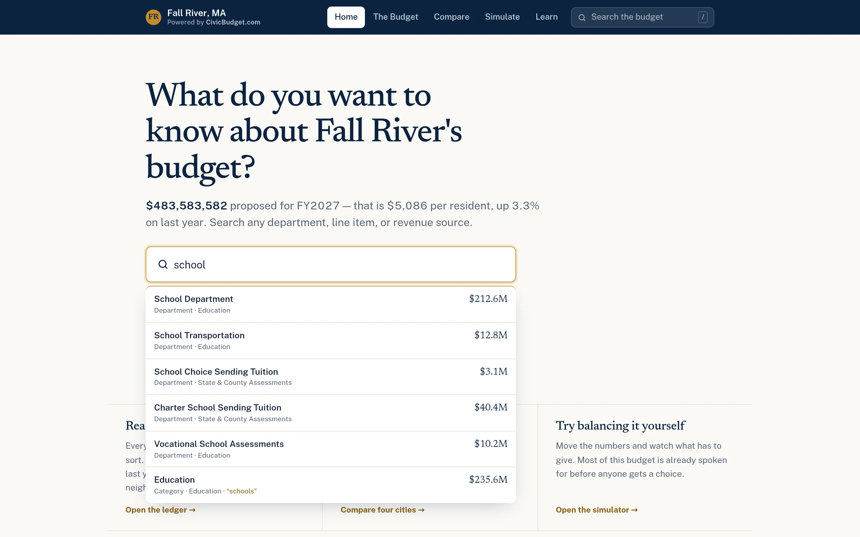 Budget search suggestions listing matching departments and line items with amounts as a resident types the word school.