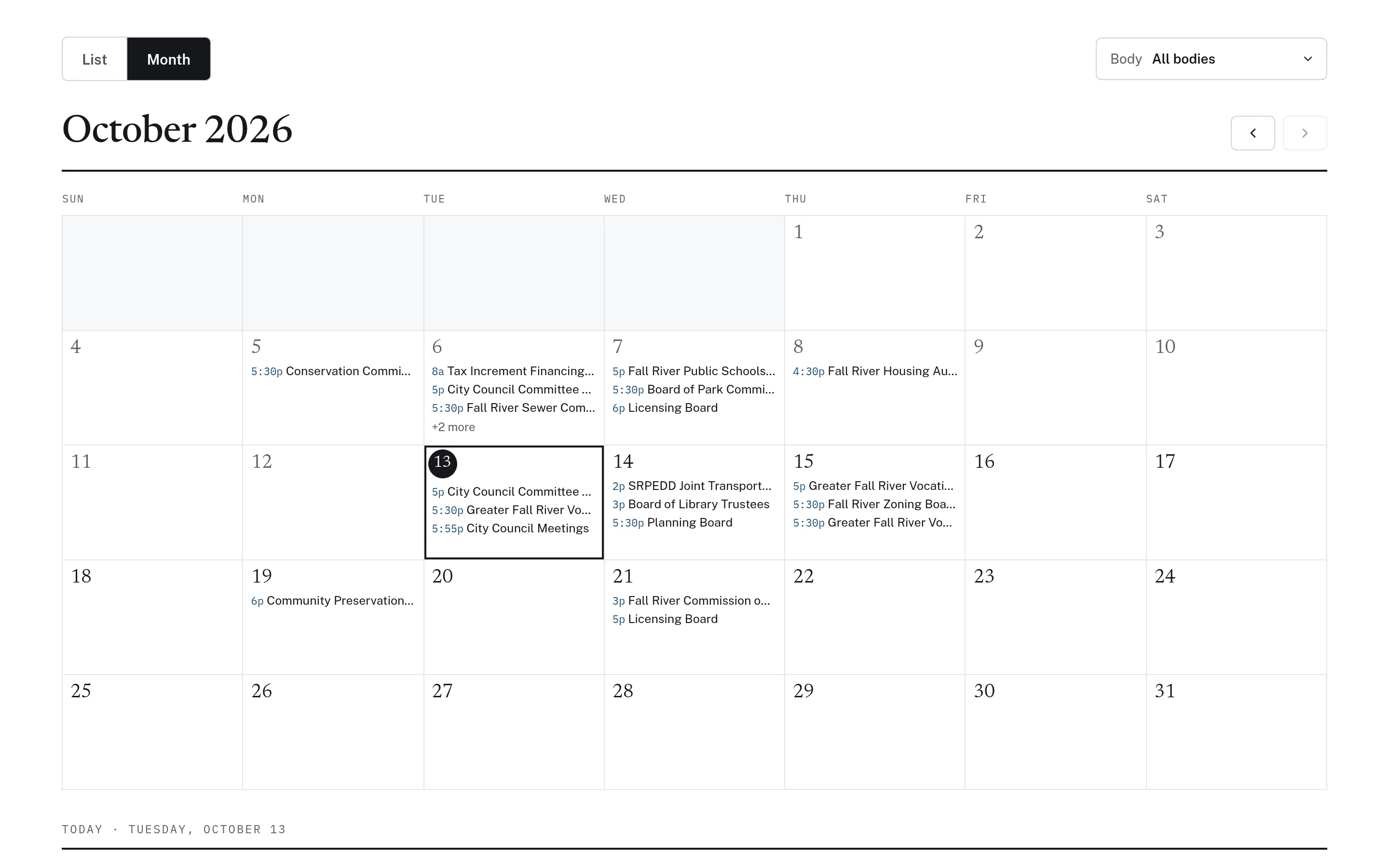 Month calendar of upcoming Fall River public meetings with a filter by board.