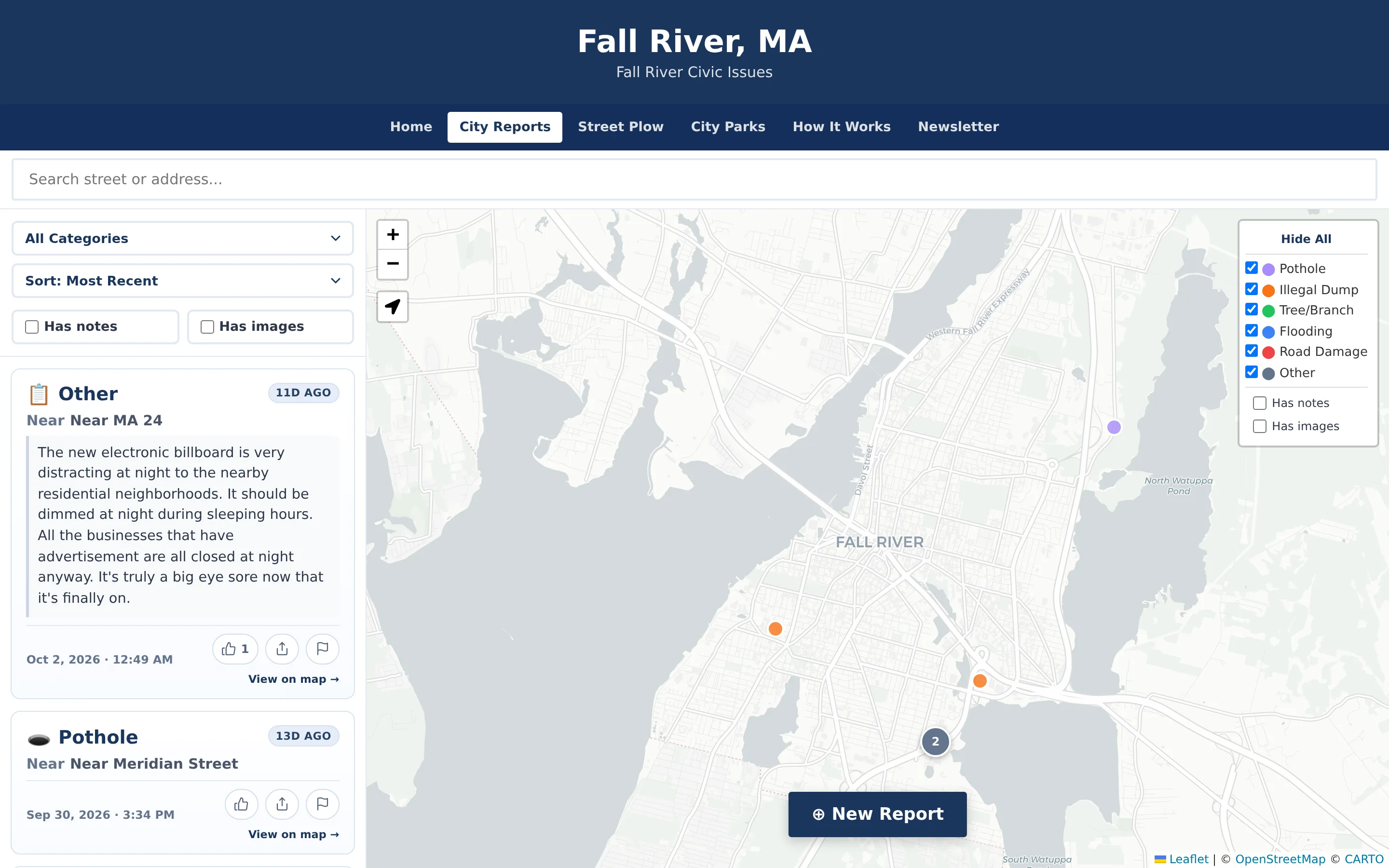 CivicReport issue map for Fall River: a filterable list of resident reports on the left and colour-coded issue pins with a category legend on the map.