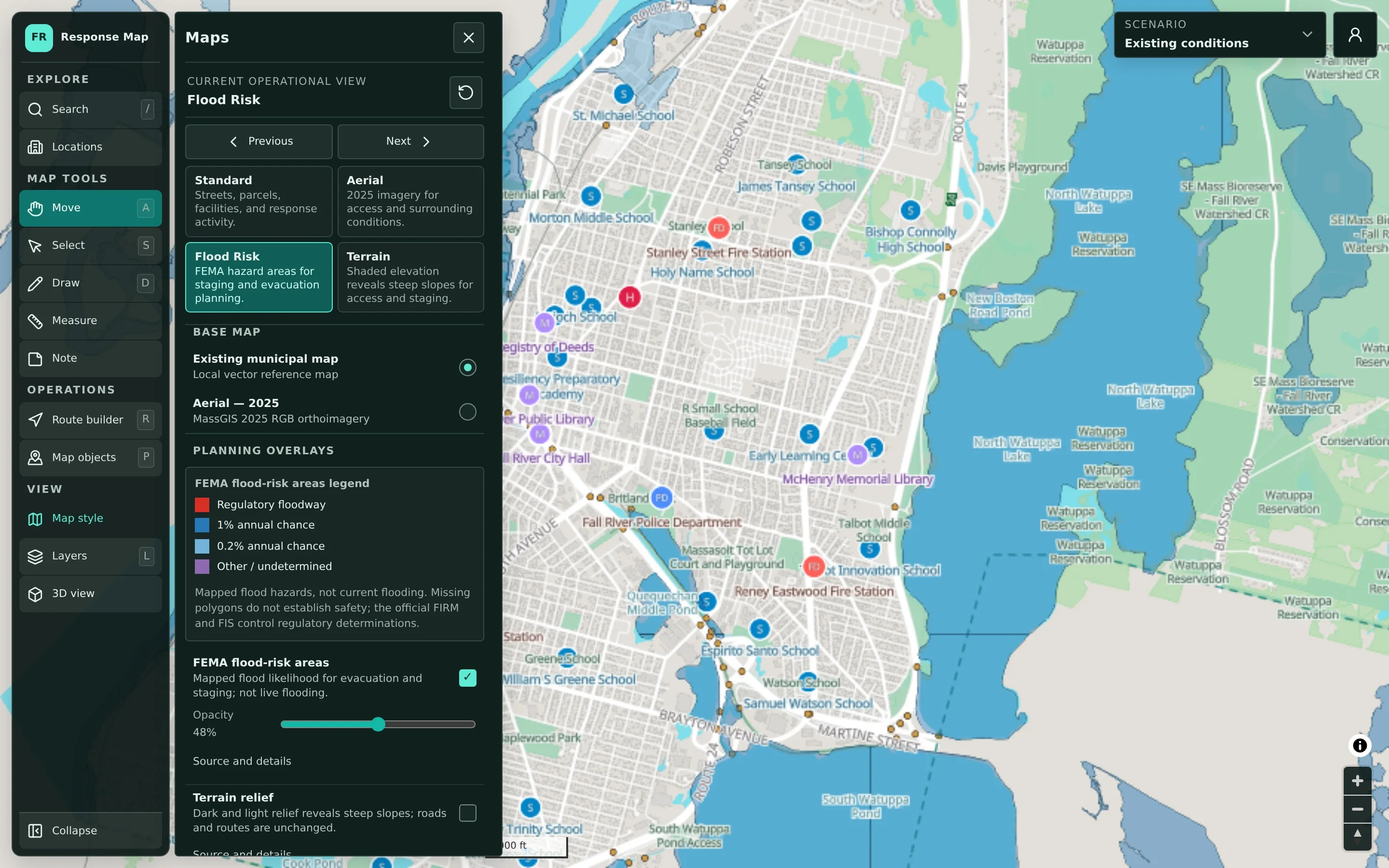 Map style panel with the Flood Risk view selected, a FEMA flood legend, and an opacity slider beside a map with flood areas shaded.
