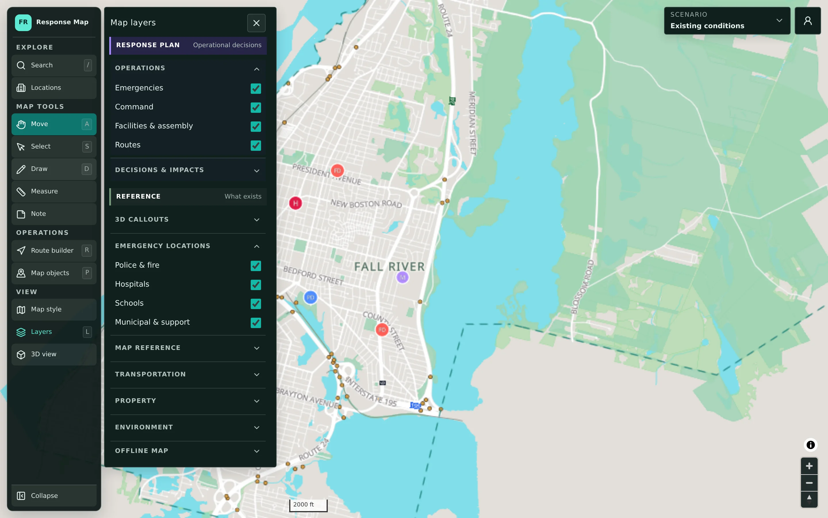 Layer panel separating response-plan layers such as emergencies, command, facilities, and routes from reference layers such as police and fire, hospitals, schools, and municipal sites.