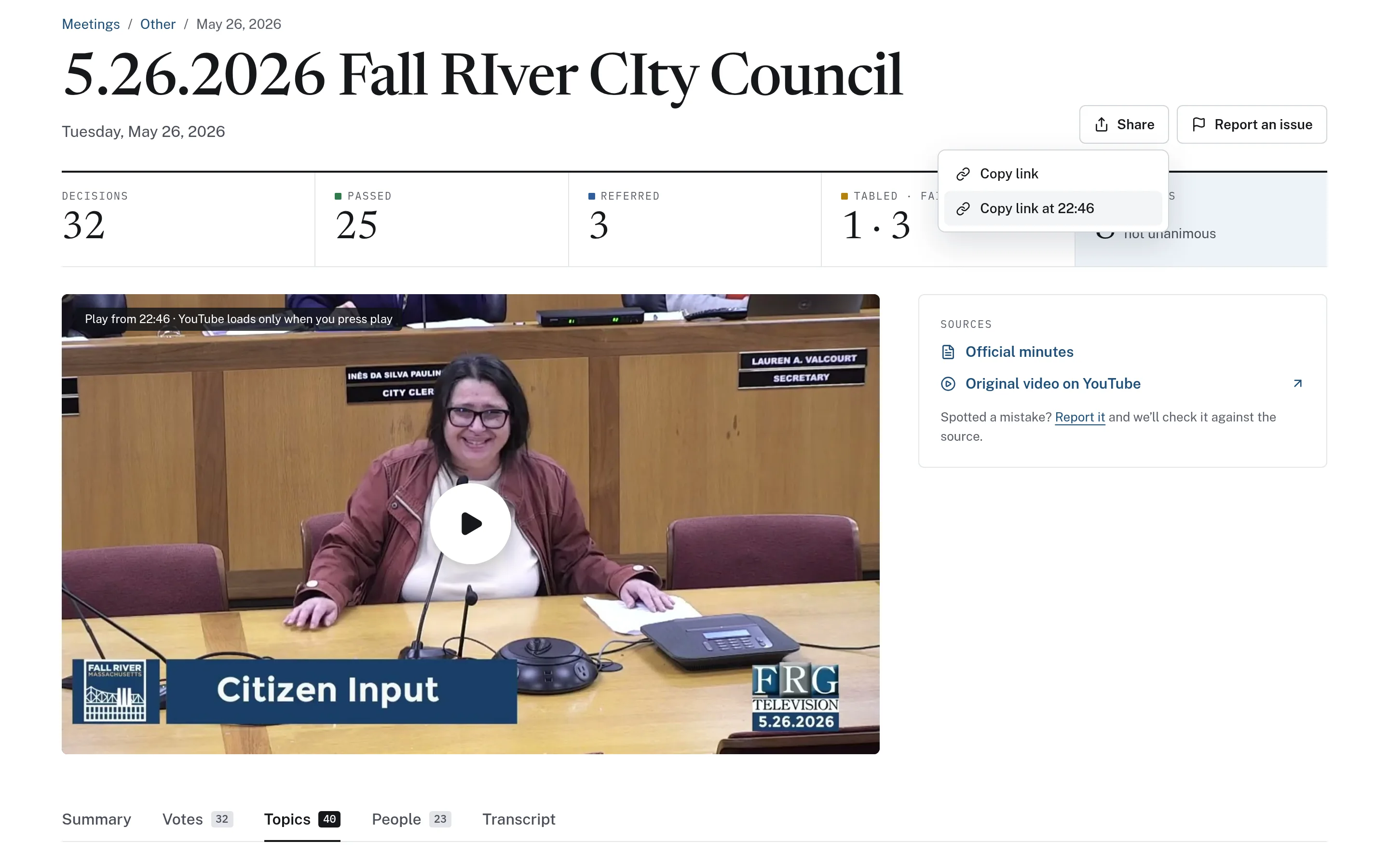 Meeting page with decision counts, a video set to start at 22 minutes 46 seconds, links to the official minutes and original video, and a share menu offering a link to that exact moment.