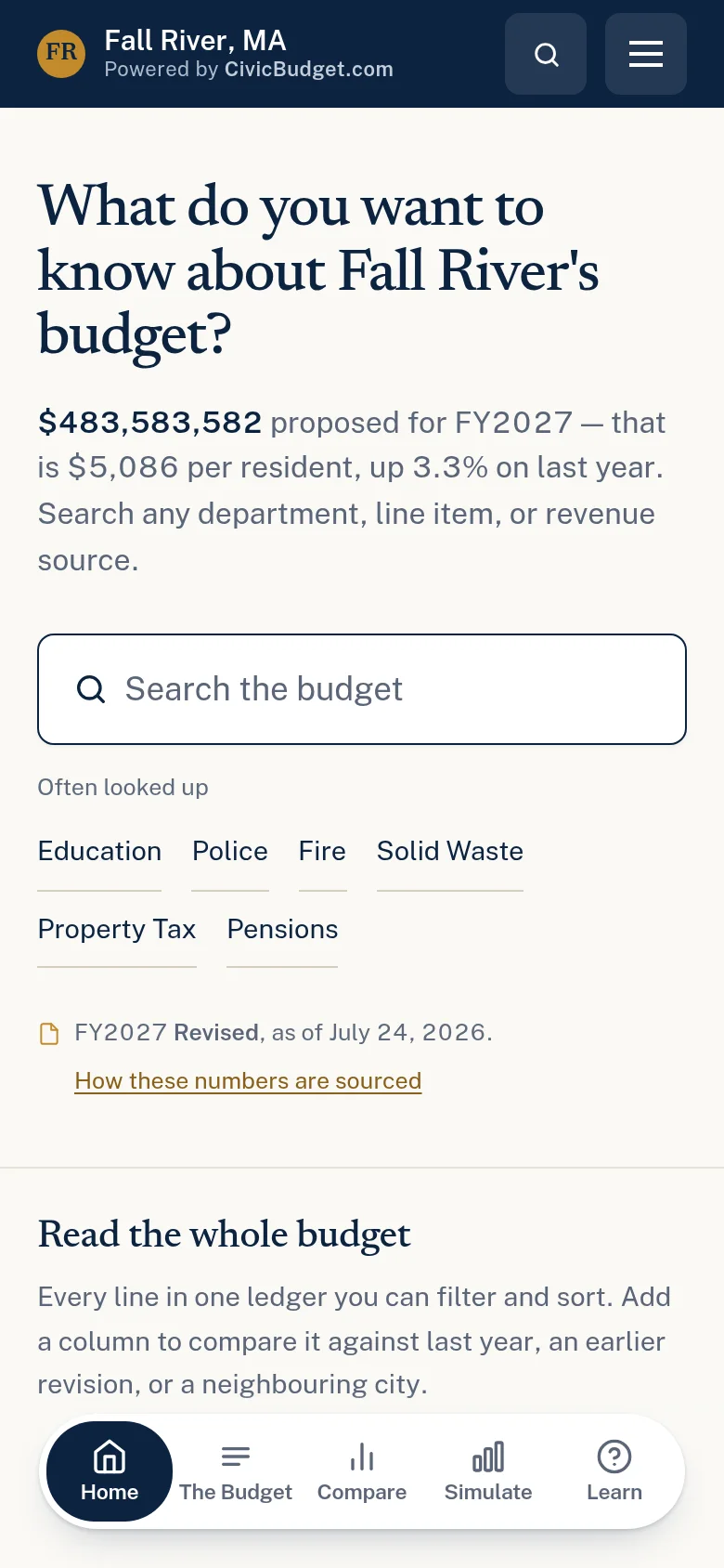 Fall River budget explorer on a phone-sized screen with a search box, quick links, and a bottom navigation bar.