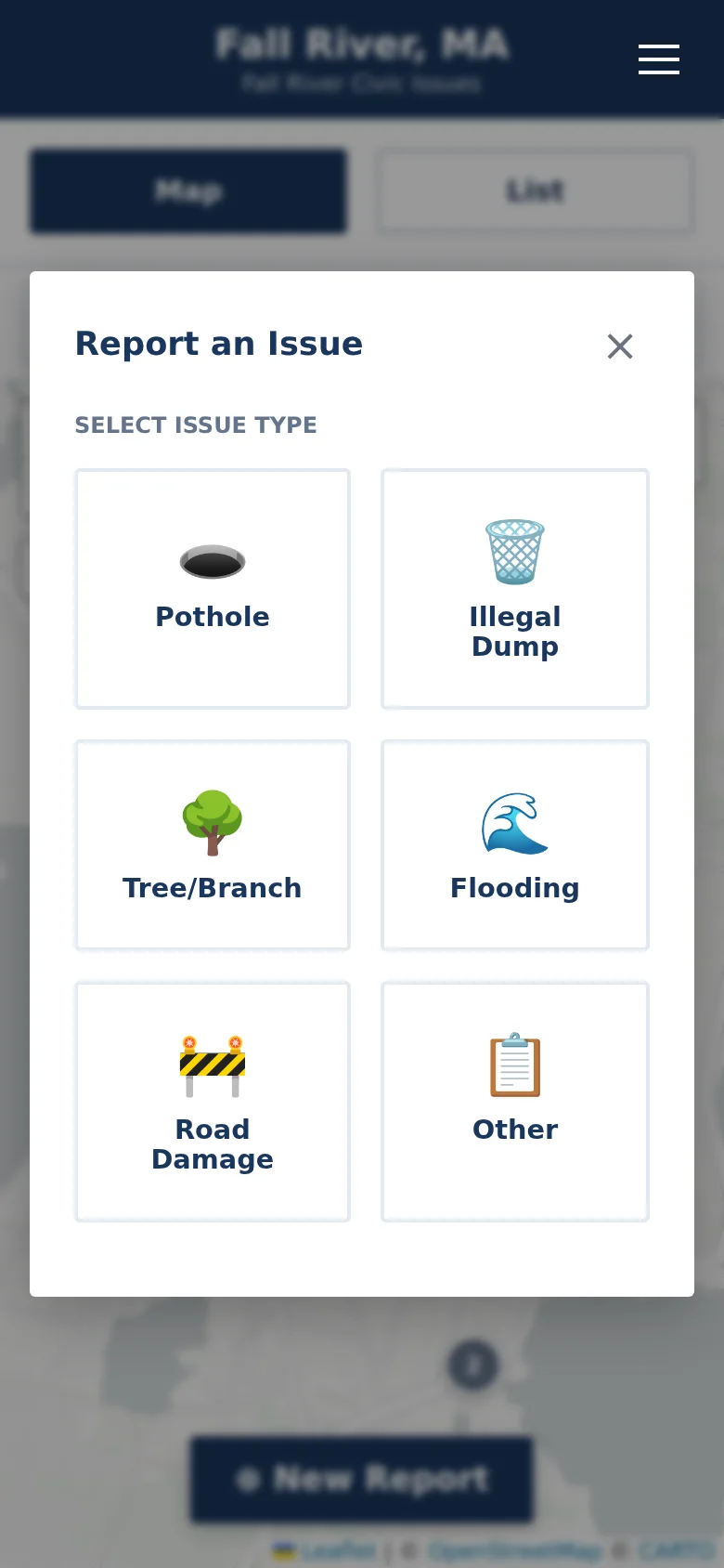 Mobile Report an Issue dialog with six large category buttons arranged in a grid.