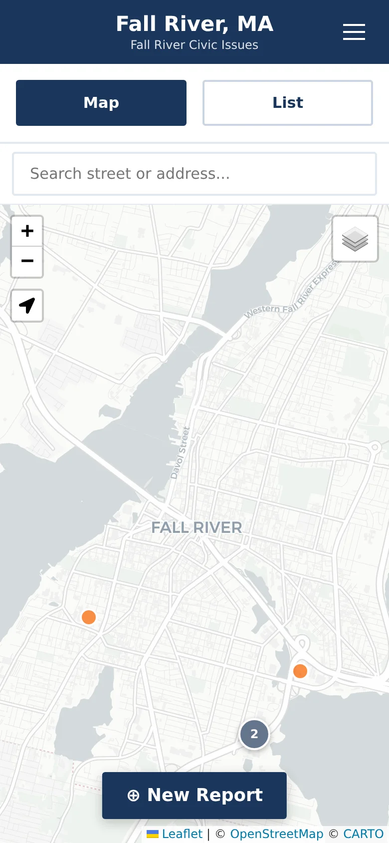 Mobile view of the CivicReport issue map with Map and List tabs, an address search, issue pins, and a New Report button.