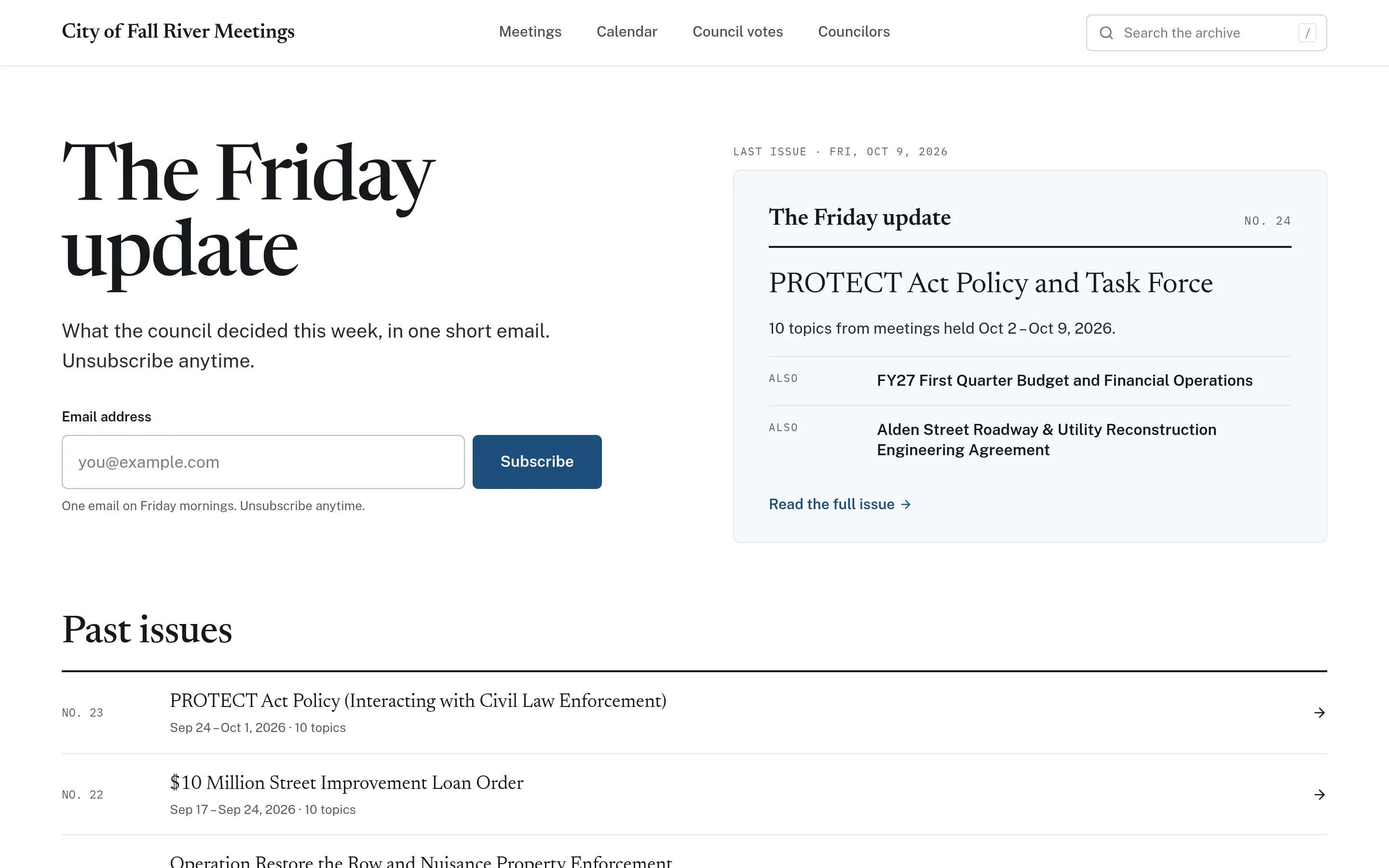 The Friday update newsletter page with the latest issue’s headlines and an archive of past issues.