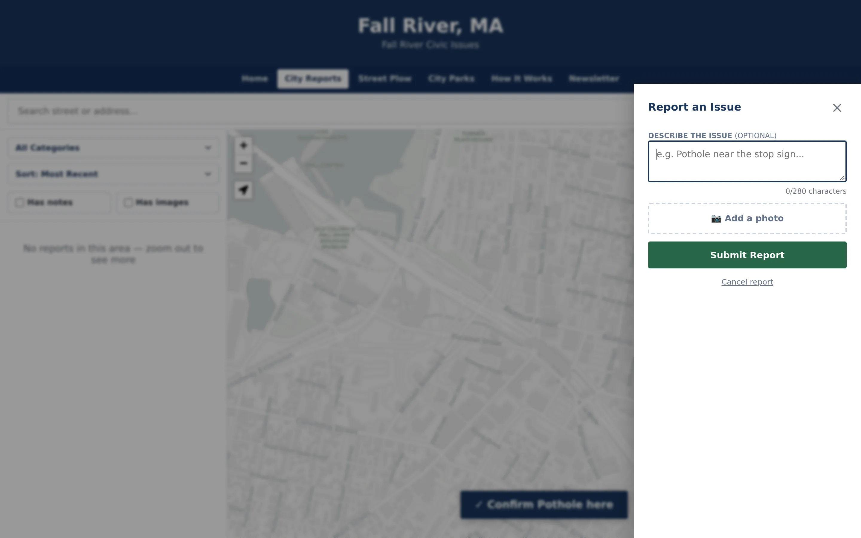 Report details panel with an optional 280-character description, an Add a photo button, and a Submit Report button.