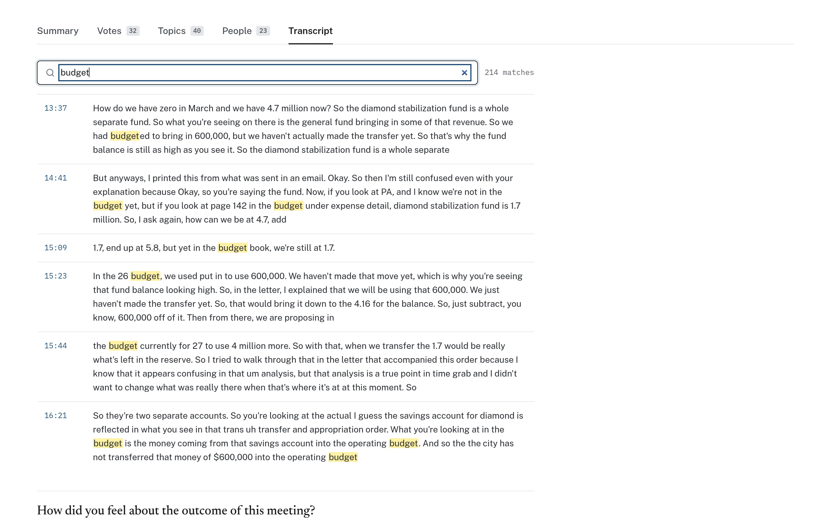 Full meeting transcript searched for the word budget, showing highlighted matches beside clickable timestamps.