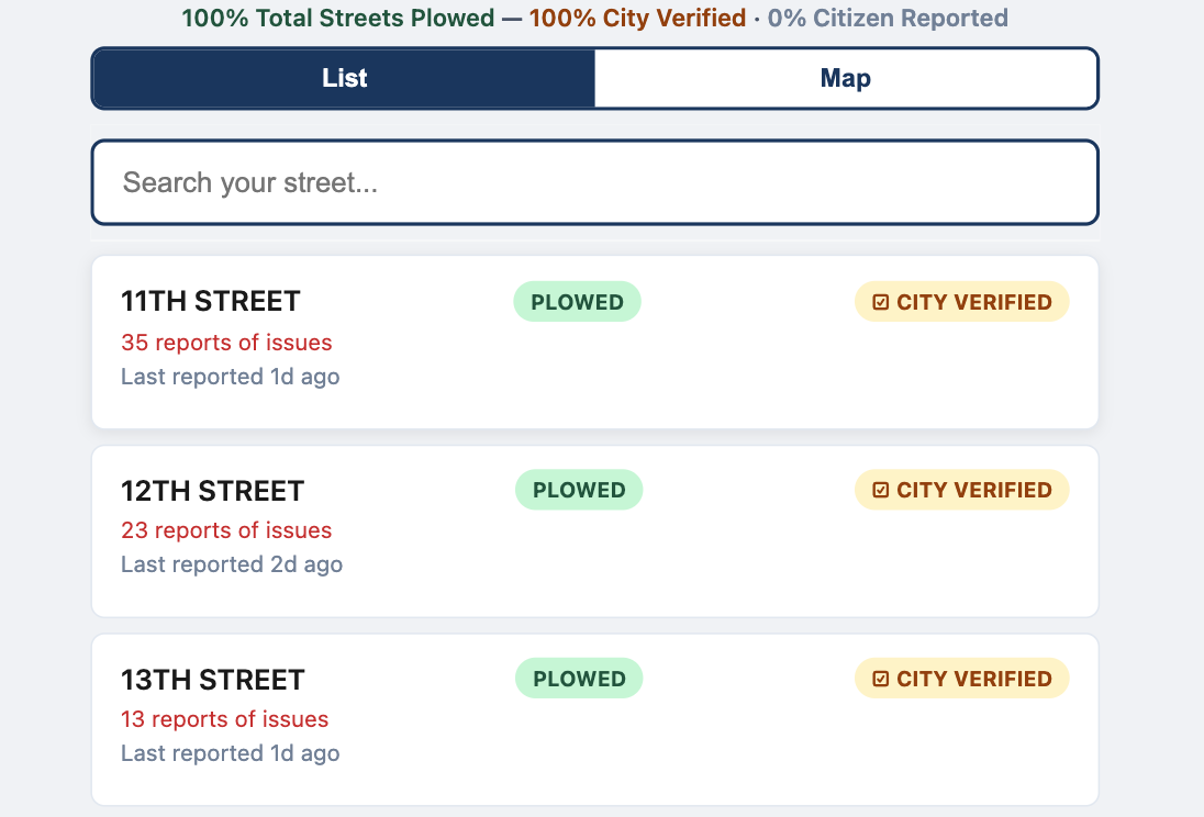 Street search and list interface for CivicTally