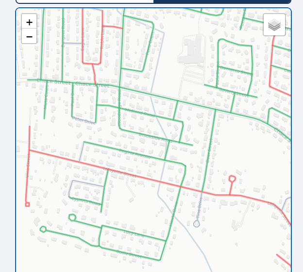 Map showing street segments highlighted in green and red based on plow status